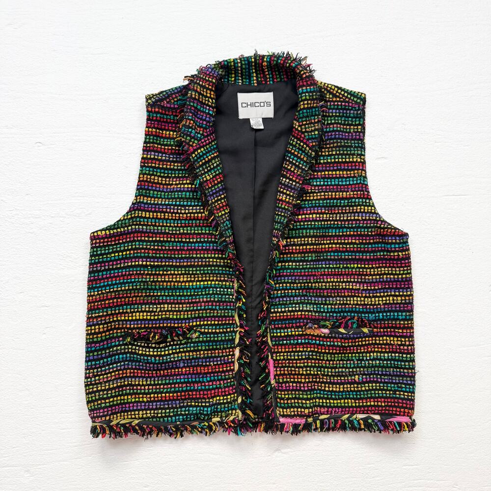 Vintage Chico’s Multicolor Silk Fringe Trim Open Front Vest, Size 1 (M)